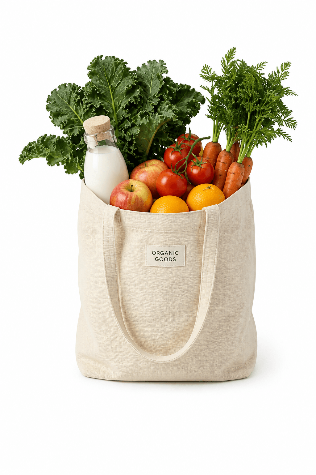 Fresh organic groceries in a tote bag
